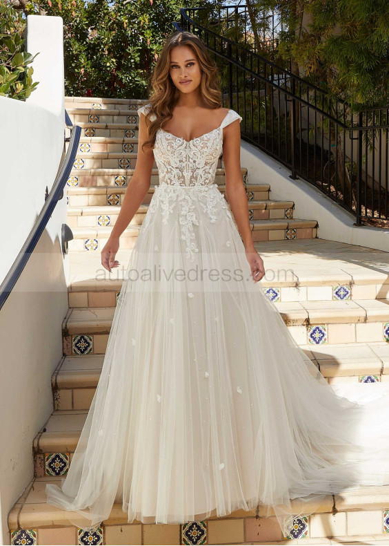Cap Sleeves Beaded Ivory 3D Lace Tulle Fashion Wedding Dress